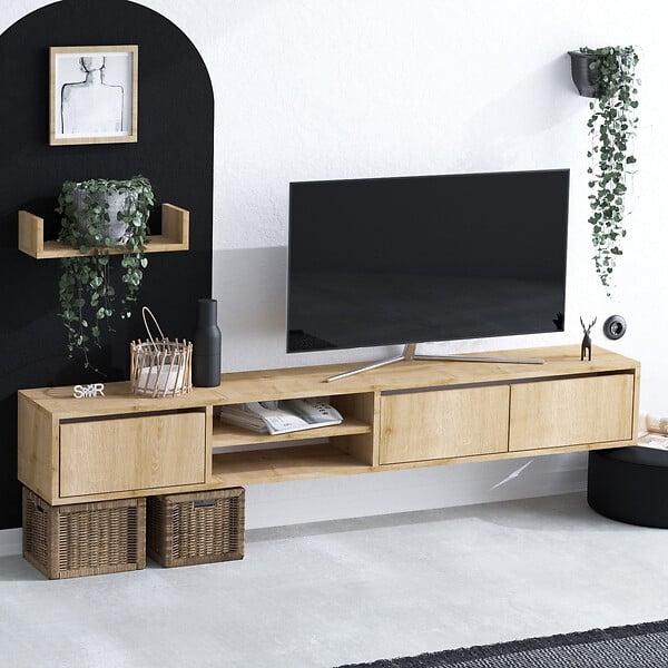 HABITAT ET JARDIN - Meuble TV suspendu avec étagère murale en bois "Heka" - 180 x 30 x 25 cm - Beige - large