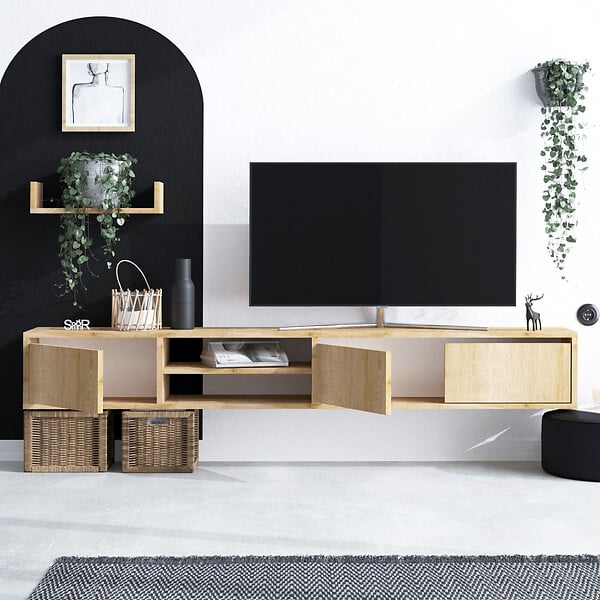 HABITAT ET JARDIN - Meuble TV suspendu avec étagère murale en bois "Heka" - 180 x 30 x 25 cm - Beige - large