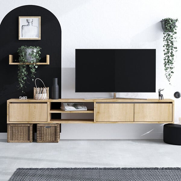 HABITAT ET JARDIN - Meuble TV suspendu avec étagère murale en bois "Heka" - 180 x 30 x 25 cm - Beige - large