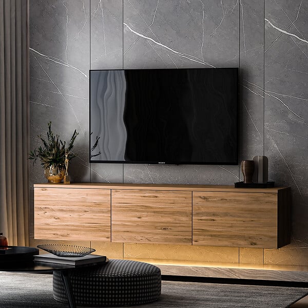 HABITAT ET JARDIN - Meuble TV suspendu en bois avec éclairage LED "Neon illuminated" - 160 x 32 x 35 cm - Marron - large