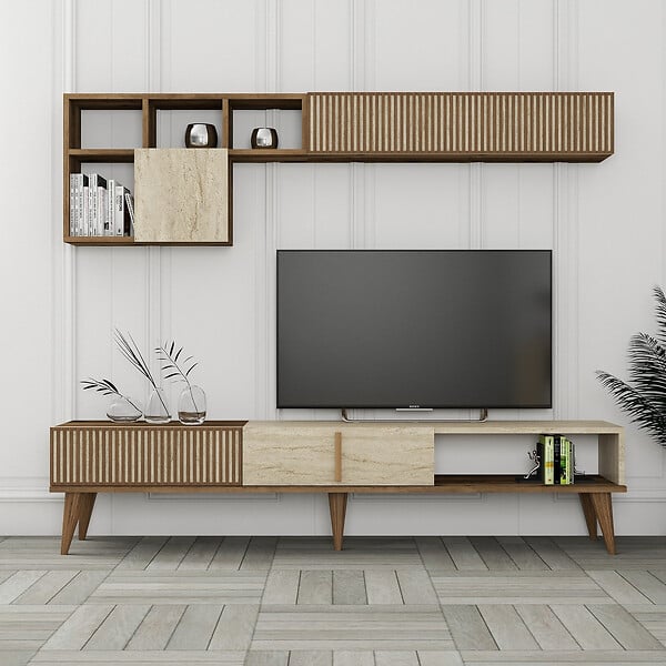 HABITAT ET JARDIN - Meuble TV en bois "Milan" - 180 x 35 x 40 cm - Noyer, Travertin - large