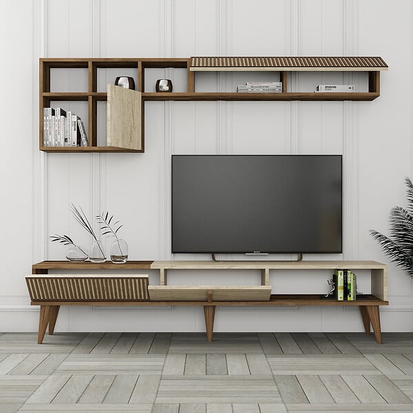 HABITAT ET JARDIN - Meuble TV en bois "Milan" - 180 x 35 x 40 cm - Noyer, Travertin - large