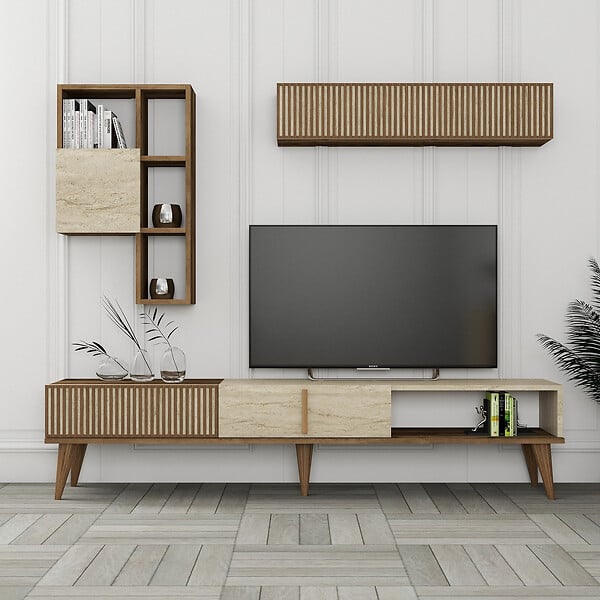 HABITAT ET JARDIN - Meuble TV en bois "Milan" - 180 x 35 x 40 cm - Noyer, Travertin - large
