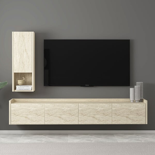 HABITAT ET JARDIN - Meuble TV avec étagère murale en bois "Sema" - 160 x 30 x 35 cm - Travertin - large