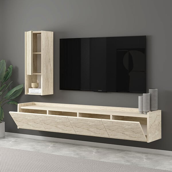 HABITAT ET JARDIN - Meuble TV avec étagère murale en bois "Sema" - 160 x 30 x 35 cm - Travertin - large