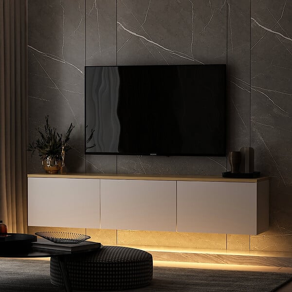 HABITAT ET JARDIN - Meuble TV suspendu en bois avec éclairage LED "Neon" - 160 x 32 x 35 cm - Blanc - large