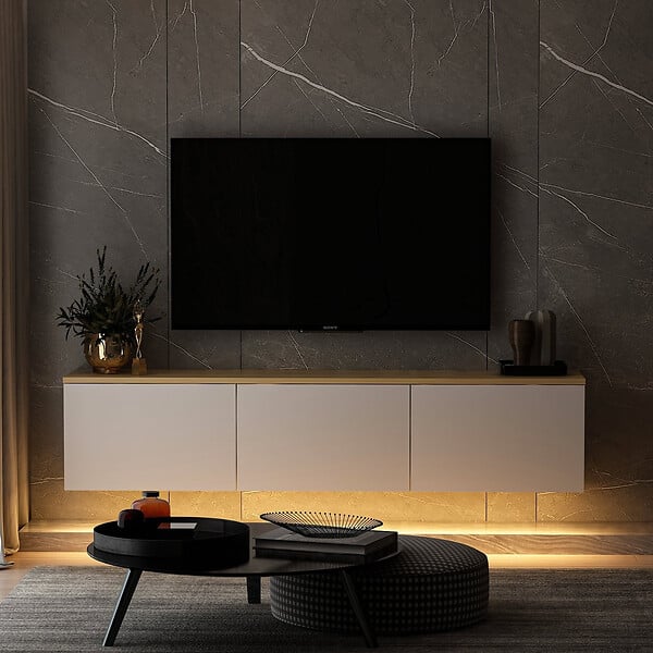 HABITAT ET JARDIN - Meuble TV suspendu en bois avec éclairage LED "Neon" - 160 x 32 x 35 cm - Blanc - large