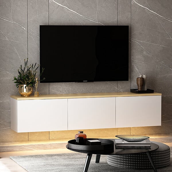 HABITAT ET JARDIN - Meuble TV suspendu en bois avec éclairage LED "Neon" - 160 x 32 x 35 cm - Blanc - large
