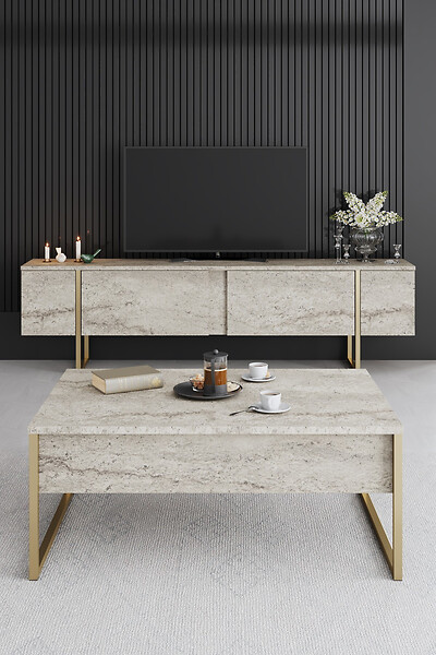 HABITAT ET JARDIN - Meuble TV en bois "Luxe" - 180 x 30 x 50 cm - TravertinOr - large