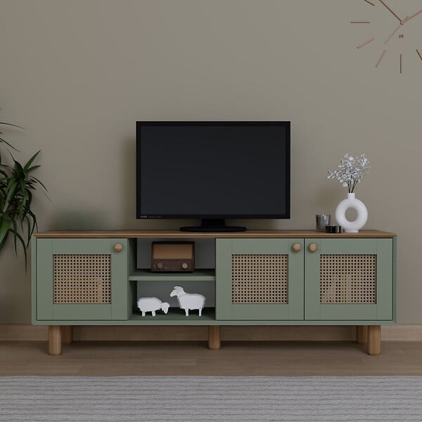 HABITAT ET JARDIN - Meuble TV en bois et cannage "Bohemian" - 160 x 40 x 56 cm - Vert - large