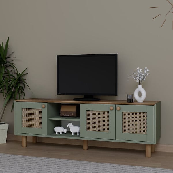 HABITAT ET JARDIN - Meuble TV en bois et cannage "Bohemian" - 160 x 40 x 56 cm - Vert - large