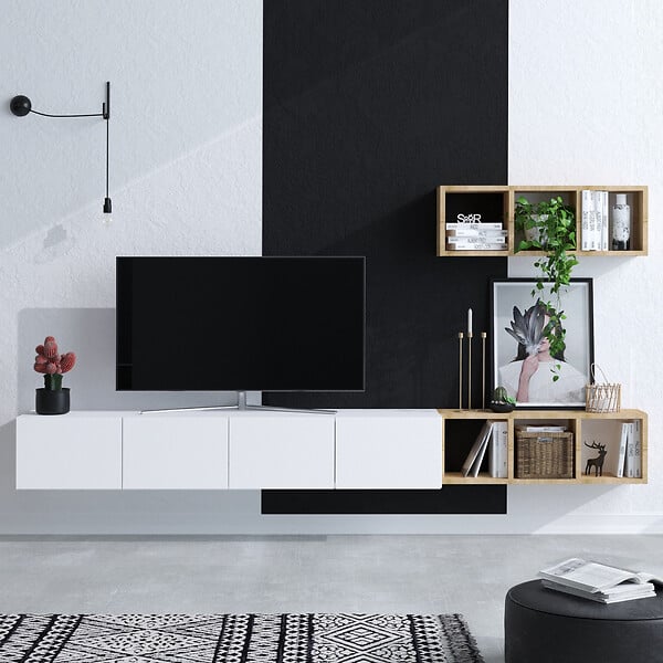 HABITAT ET JARDIN - Meuble TV suspendu avec étagère murale en bois "Pia"- 215 x 32 x 25 cm - Blanc - large