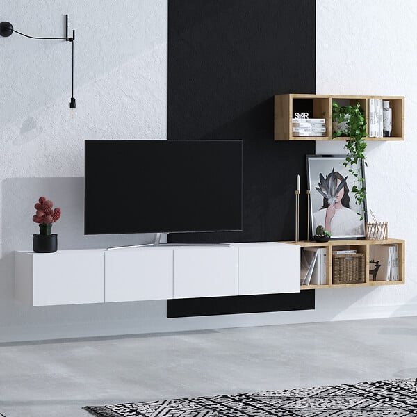 HABITAT ET JARDIN - Meuble TV suspendu avec étagère murale en bois "Pia"- 215 x 32 x 25 cm - Blanc - large