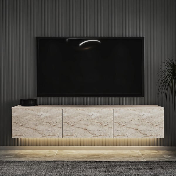 HABITAT ET JARDIN - Meuble TV suspendu en bois avec éclairage LED "Neon illuminated" - 160 x 32 x 35 cm - Travertin - large