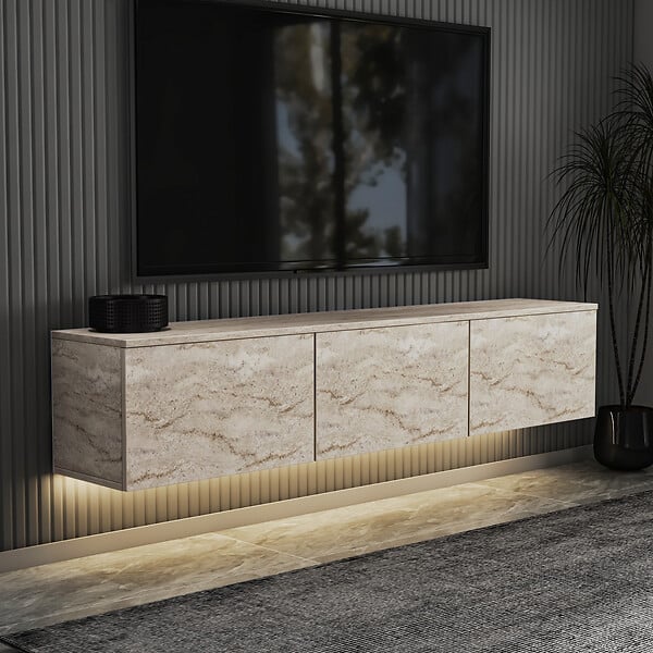 HABITAT ET JARDIN - Meuble TV suspendu en bois avec éclairage LED "Neon illuminated" - 160 x 32 x 35 cm - Travertin - large