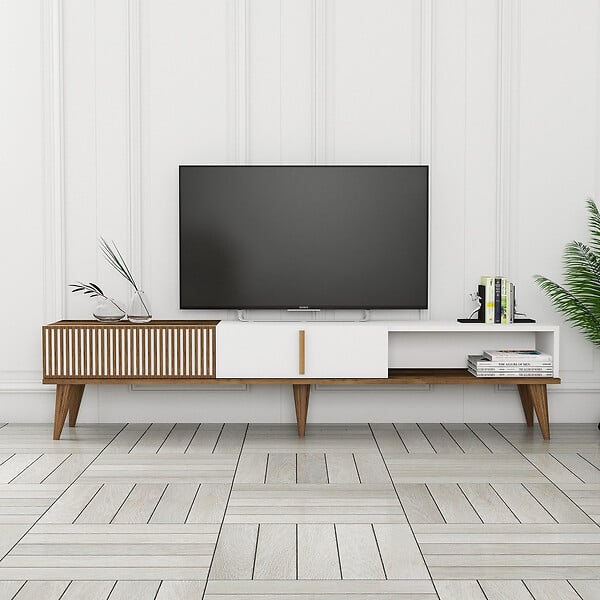 HABITAT ET JARDIN - Meuble TV en bois "Milan" - 180 x 35 x 40 cm - Noyer, Blanc - large