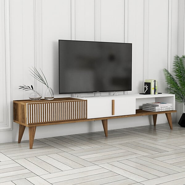 HABITAT ET JARDIN - Meuble TV en bois "Milan" - 180 x 35 x 40 cm - Noyer, Blanc - large
