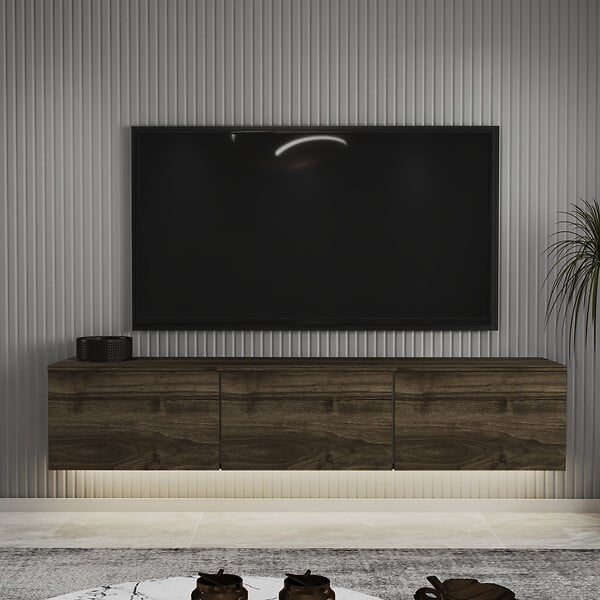 HABITAT ET JARDIN - Meuble TV suspendu en bois avec éclairage LED "Neon" - 160 x 32 x 35 cm - Marron foncé - large