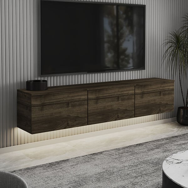 HABITAT ET JARDIN - Meuble TV suspendu en bois avec éclairage LED "Neon" - 160 x 32 x 35 cm - Marron foncé - large