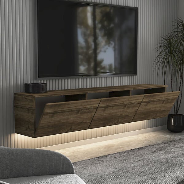 HABITAT ET JARDIN - Meuble TV suspendu en bois avec éclairage LED "Neon" - 160 x 32 x 35 cm - Marron foncé - large