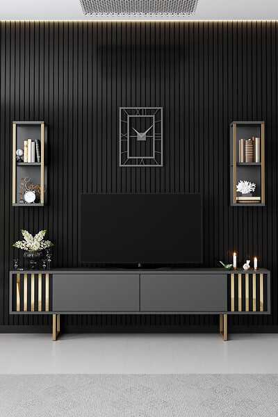 HABITAT ET JARDIN - Meuble TV en bois "Gold Line" - 180 x 30 x 48 cm - AnthraciteNoir - large