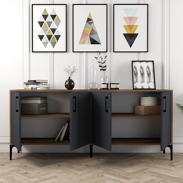HABITAT ET JARDIN - Buffet en bois "Kiev" - 180 x 35 x 78 cm - Gris anthracite - large