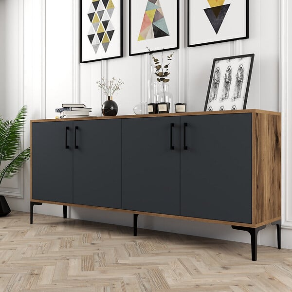 HABITAT ET JARDIN - Buffet en bois "Kiev" - 180 x 35 x 78 cm - Gris anthracite - large