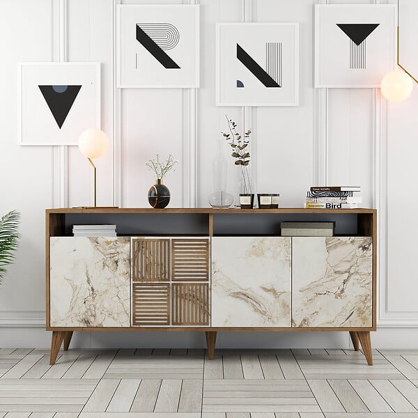 HABITAT ET JARDIN - Buffet en bois "Milan" - 160 x 35 x 78 cm - Noyer, Marbre Blanc - large