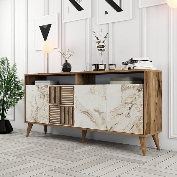HABITAT ET JARDIN - Buffet en bois "Milan" - 160 x 35 x 78 cm - Noyer, Marbre Blanc - large
