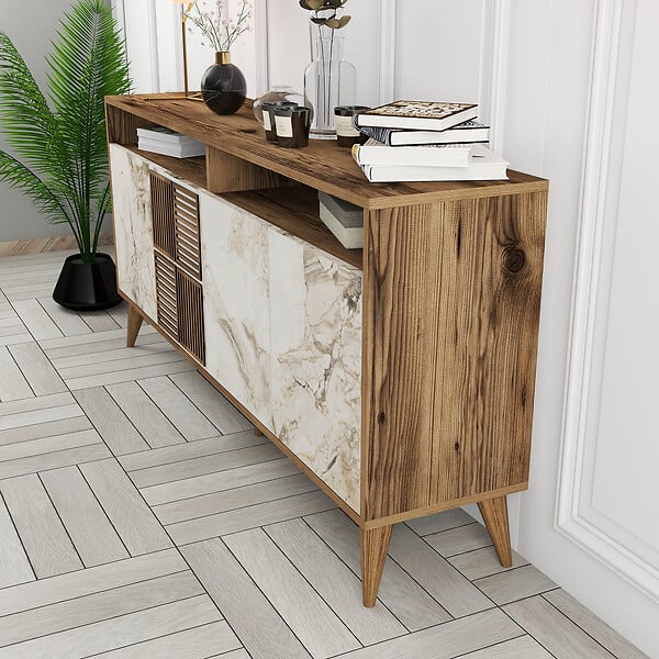 HABITAT ET JARDIN - Buffet en bois "Milan" - 160 x 35 x 78 cm - Noyer, Marbre Blanc - large