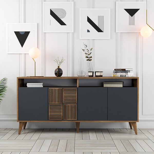 HABITAT ET JARDIN - Buffet en bois "Milan" - 160 x 35 x 78 cm - Noyer, Anthracite - large