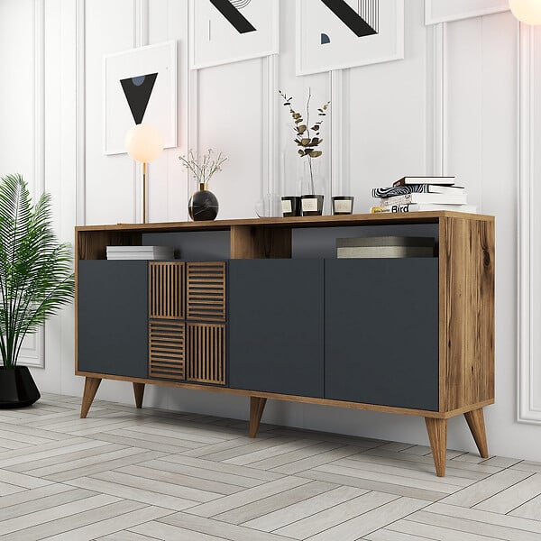 HABITAT ET JARDIN - Buffet en bois "Milan" - 160 x 35 x 78 cm - Noyer, Anthracite - large