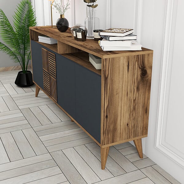 HABITAT ET JARDIN - Buffet en bois "Milan" - 160 x 35 x 78 cm - Noyer, Anthracite - large