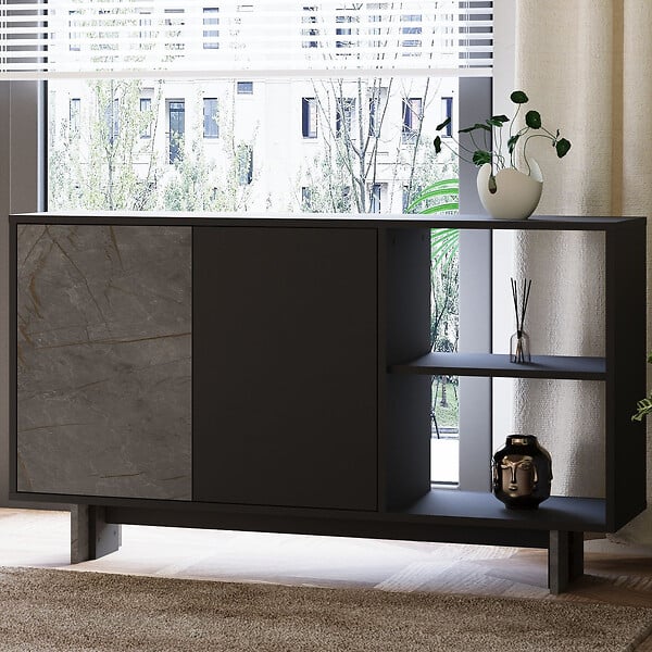 HABITAT ET JARDIN - Buffet en bois "Ravello" - 140 x 35 x 80 cm - Gris anthracite marbré - large