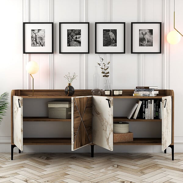 HABITAT ET JARDIN - Buffet en bois "Venedik" - 180 x 35 x 78 cm - Blanc marbré - large