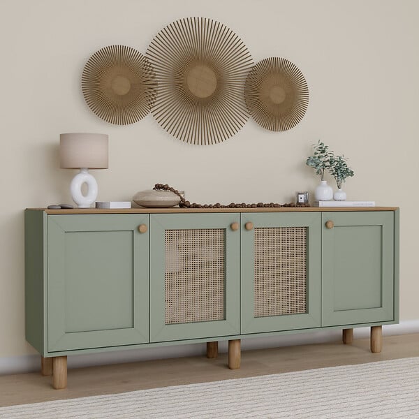 HABITAT ET JARDIN - Buffet en bois et cannage "Bohemian" - 180 x 40 x 75 cm - Vert - large