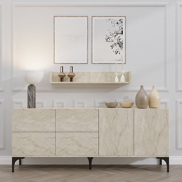 HABITAT ET JARDIN - Buffet en bois avec étagère murale "Stella" - 180 x 40 x 55 cm - Travertin - large