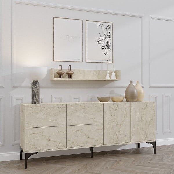 HABITAT ET JARDIN - Buffet en bois avec étagère murale "Stella" - 180 x 40 x 55 cm - Travertin - large