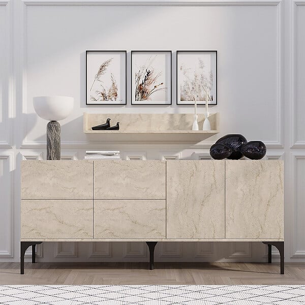 HABITAT ET JARDIN - Buffet en bois avec étagère murale "Stella" - 180 x 40 x 55 cm - Travertin - large
