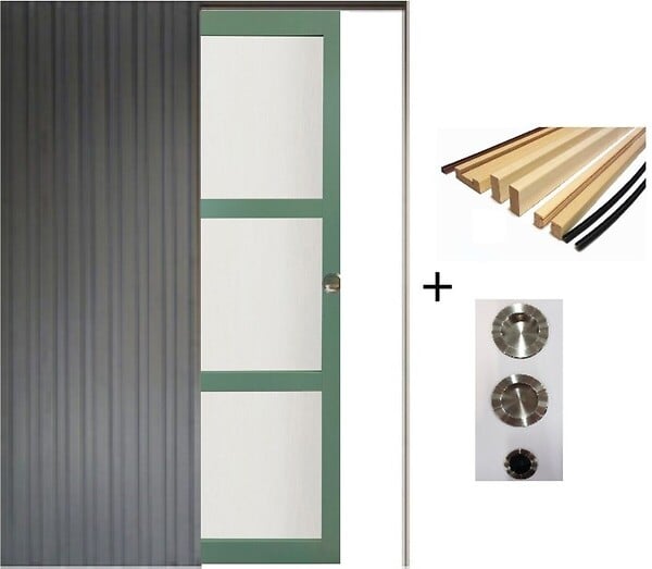 GD MENUISERIES - Porte Coulissante Vert Sauge RAL 6021 Vitrée H204 x L83 cm, Galandage, kit finition (coquille et tire doigt) - large