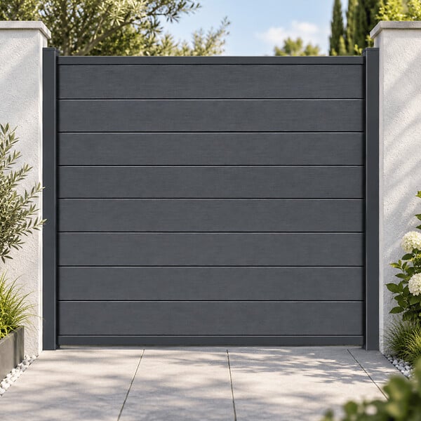 MCCOVER - Kit complet de départ/fin clôture en composite coextrudé 1,50 L x 1,80 H (lames réversible) Gris anthracite/ Gris clair, H : 180 cm, L : 150 cm - large