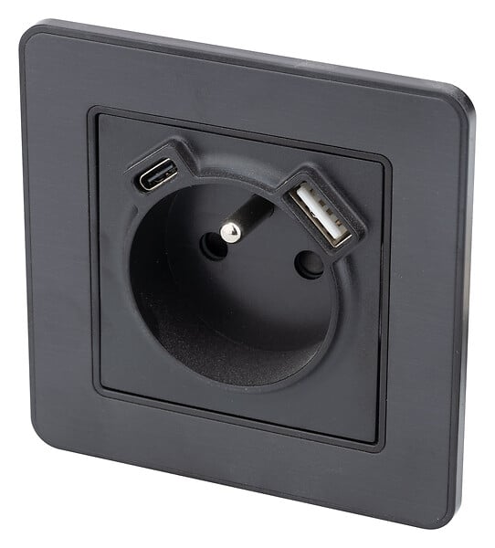 ZENITECH - Prise 2P+T 16A USB A + USB-C 2,4A complet - métal Noir brossé Kouro - Zenitech - large
