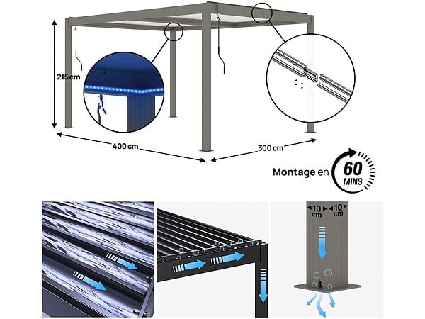 HABITAT ET JARDIN - Pergola bioclimatique avec led "Windsor premium" en aluminium 3 x 4 - Taupe - large