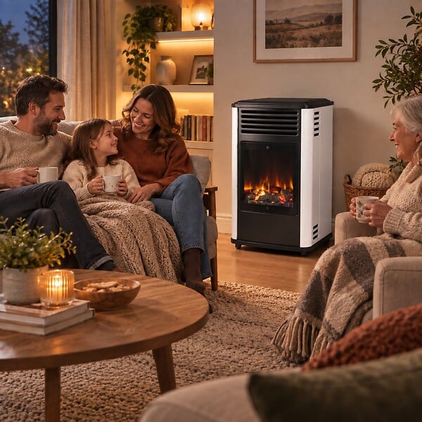 SAHARA - Poele à gaz 3.4KW Blanc et noir Chauffage d'appoint effet Feu Manhattan Sahara - large