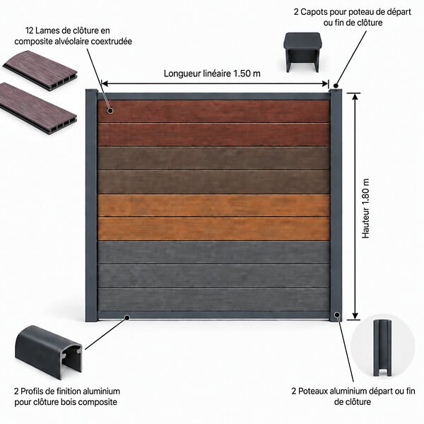 MCCOVER - Kit complet de départ/fin clôture en composite coextrudé 1,50 L x 1,80 H Ambre, H.180 cm, L.150 cm - large