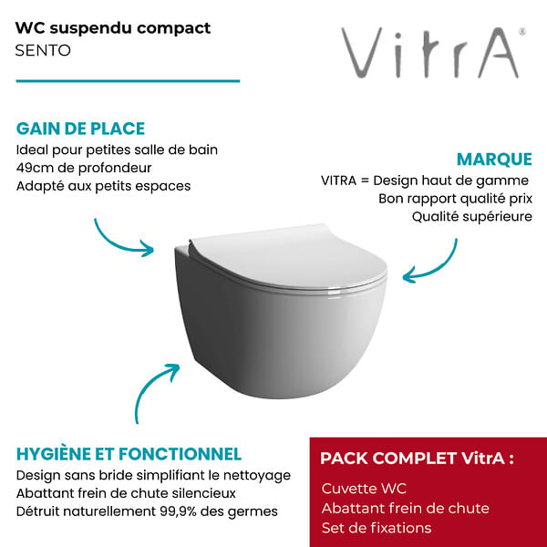 VITRA - Cuvette WC suspendu compact sans bride VitrA Sento avec abattant frein de chute déclipsable - large
