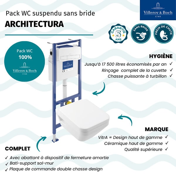 VILLEROY ET BOCH - Pack WC suspendu sans bride Architectura Twistflush [e³] rectangle + bâti-support sol et mur + plaque blanc - large