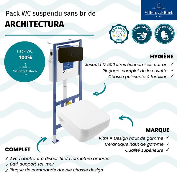 VILLEROY ET BOCH - Pack WC suspendu sans bride Architectura Twistflush [e³] rectangle + bâti-support sol et mur + plaque noir - large