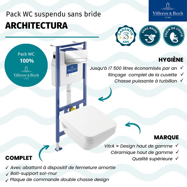 VILLEROY ET BOCH - Pack WC suspendu sans bride Architectura Twistflush [e³] rectangle+bâti-support sol et mur+plaque chrome brillant - large