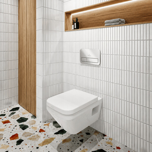 VILLEROY ET BOCH - Pack WC suspendu sans bride Architectura Twistflush [e³] rectangle+bâti-support sol et mur+plaque chrome brillant - large